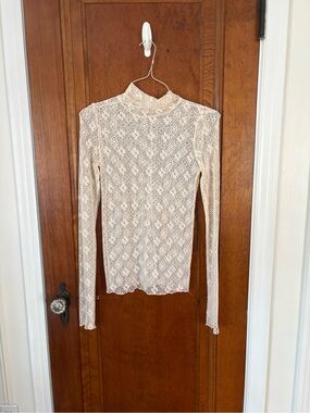 Free People Cream Lace Mock Neck Long Sleeve Top - small